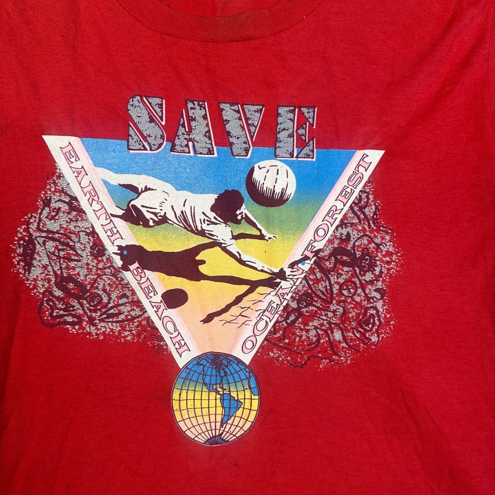 Vintage 80s Save Earth Beach Ocean Forest Muscle Shirt Red Graphic Tee Large - Picture 11 of 15
